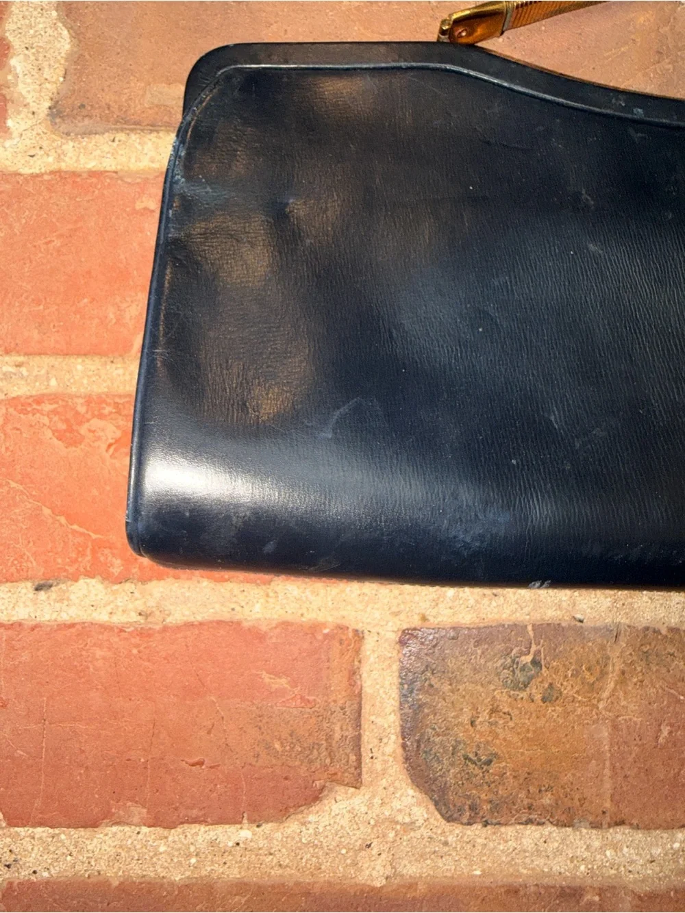Blue Leather Wristlet Clutch with Gold-Tone Handle